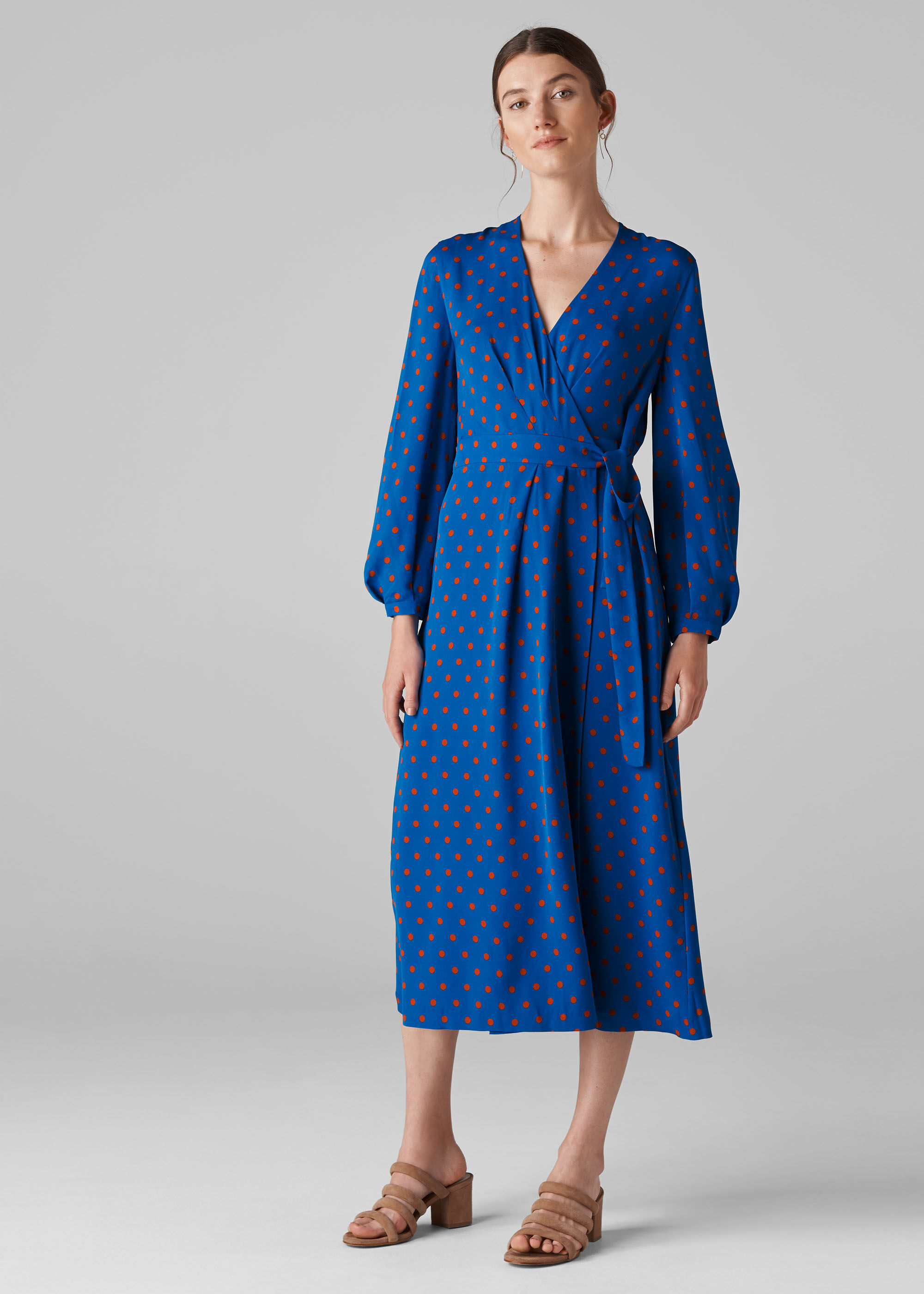 Blue/Multi Maria Spot Silk Wrap Dress | WHISTLES | Whistles
